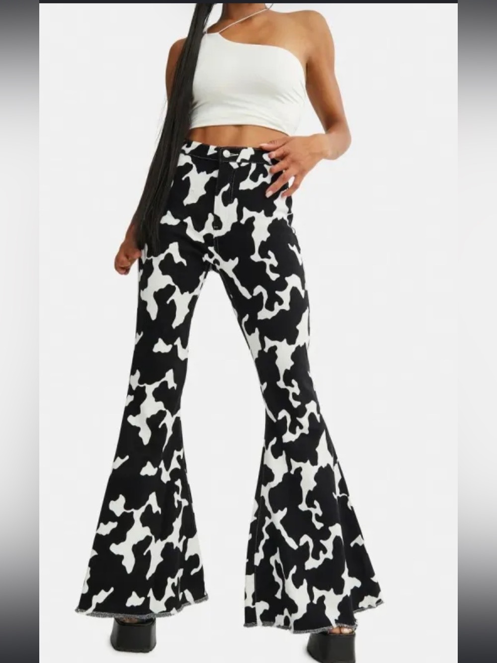 Peach Love Cow Print Flare Jeans Black White Western Bell Bottom Stretchy Small - Picture 1 of 6